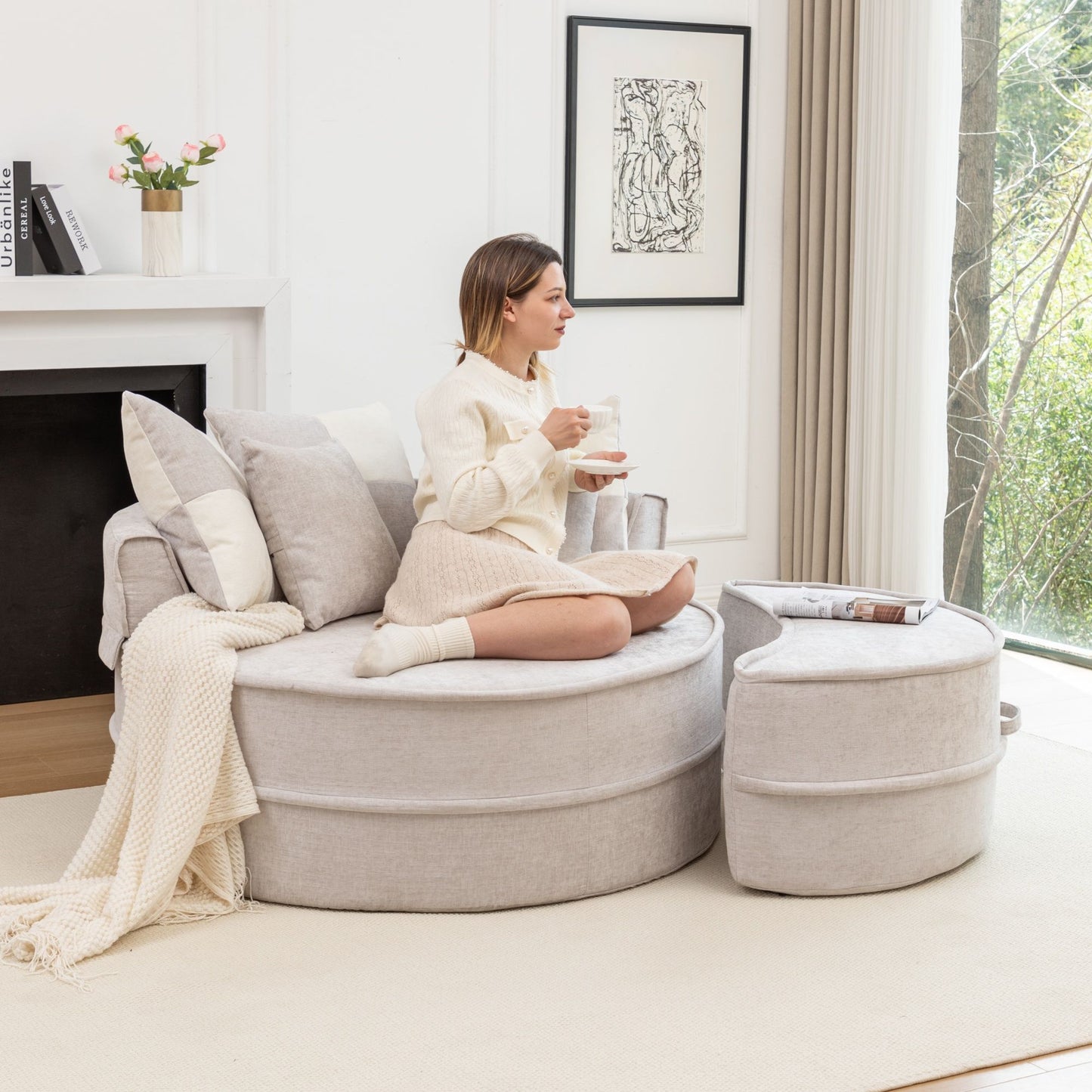 Modern Oversized Round Barrel Accent Chair With Ottoman - Velvet Upholstered Lounge Armchair With 5 Pillows For Living Room Or Bedroom - Gray