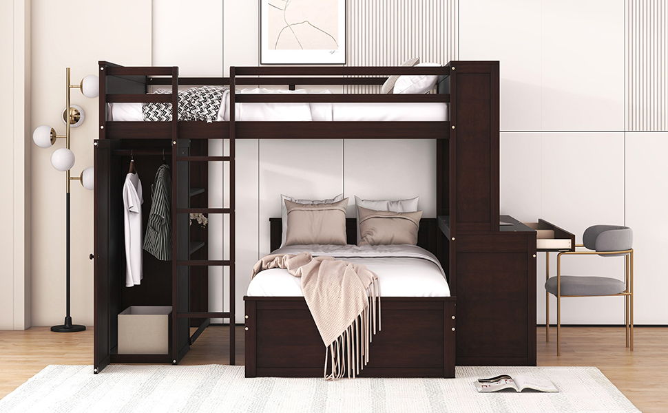 Full Size Loft Bed With A Twin Size Standalone Bed, Shelves, Desk, And Wardrobe - Espresso