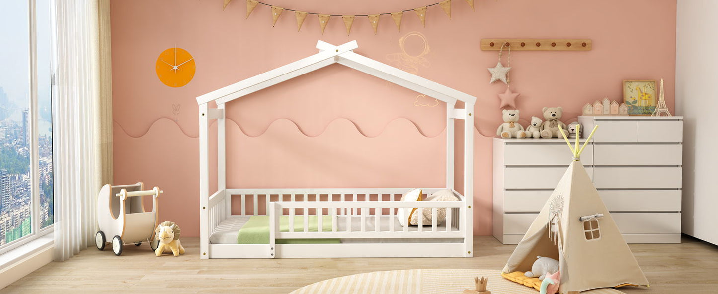 Twin Size Bed House Bed Frame & Fence - White