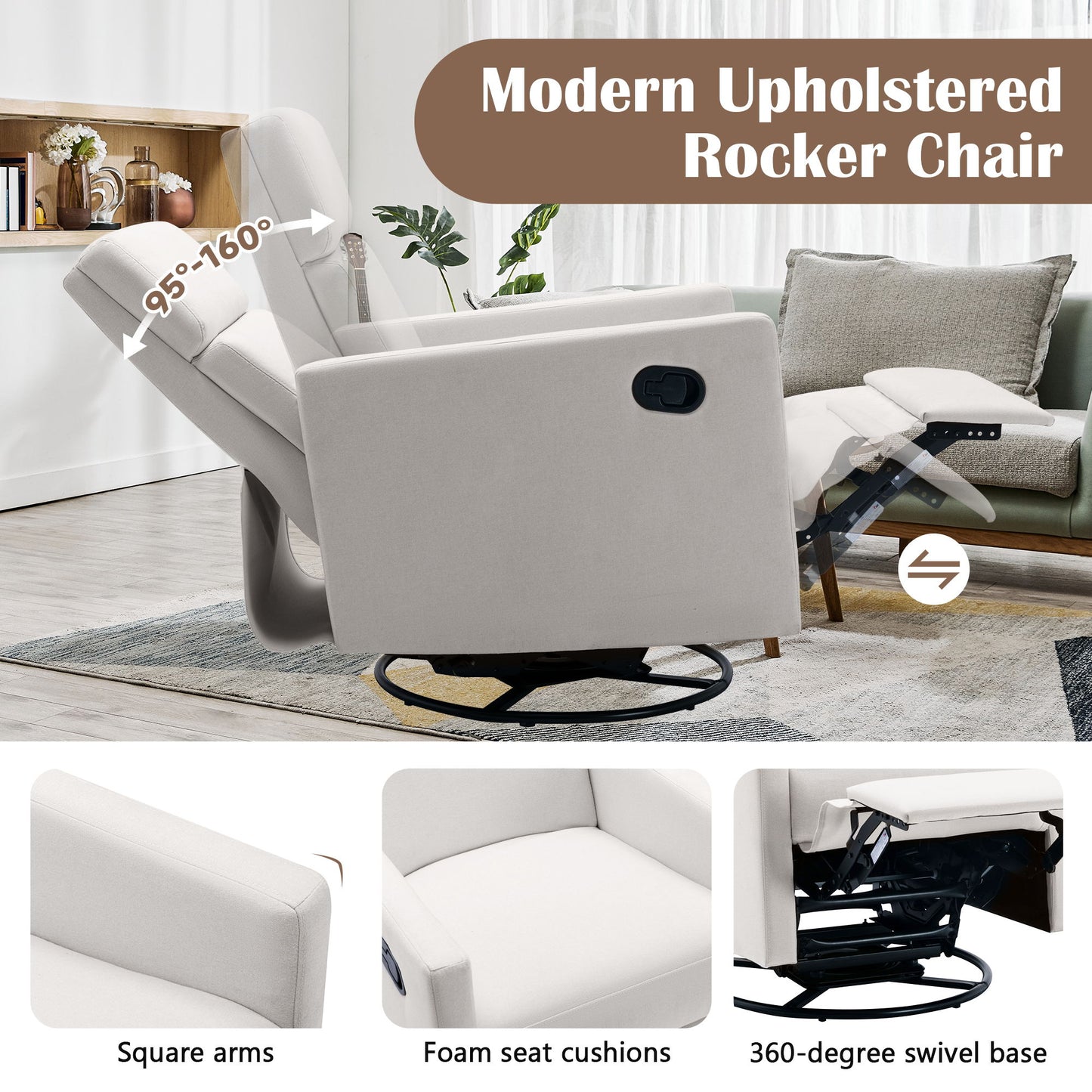 Modern Upholstered Rocker Nursery Chair Plush Seating Glider Swivel Recliner Chair - Beige