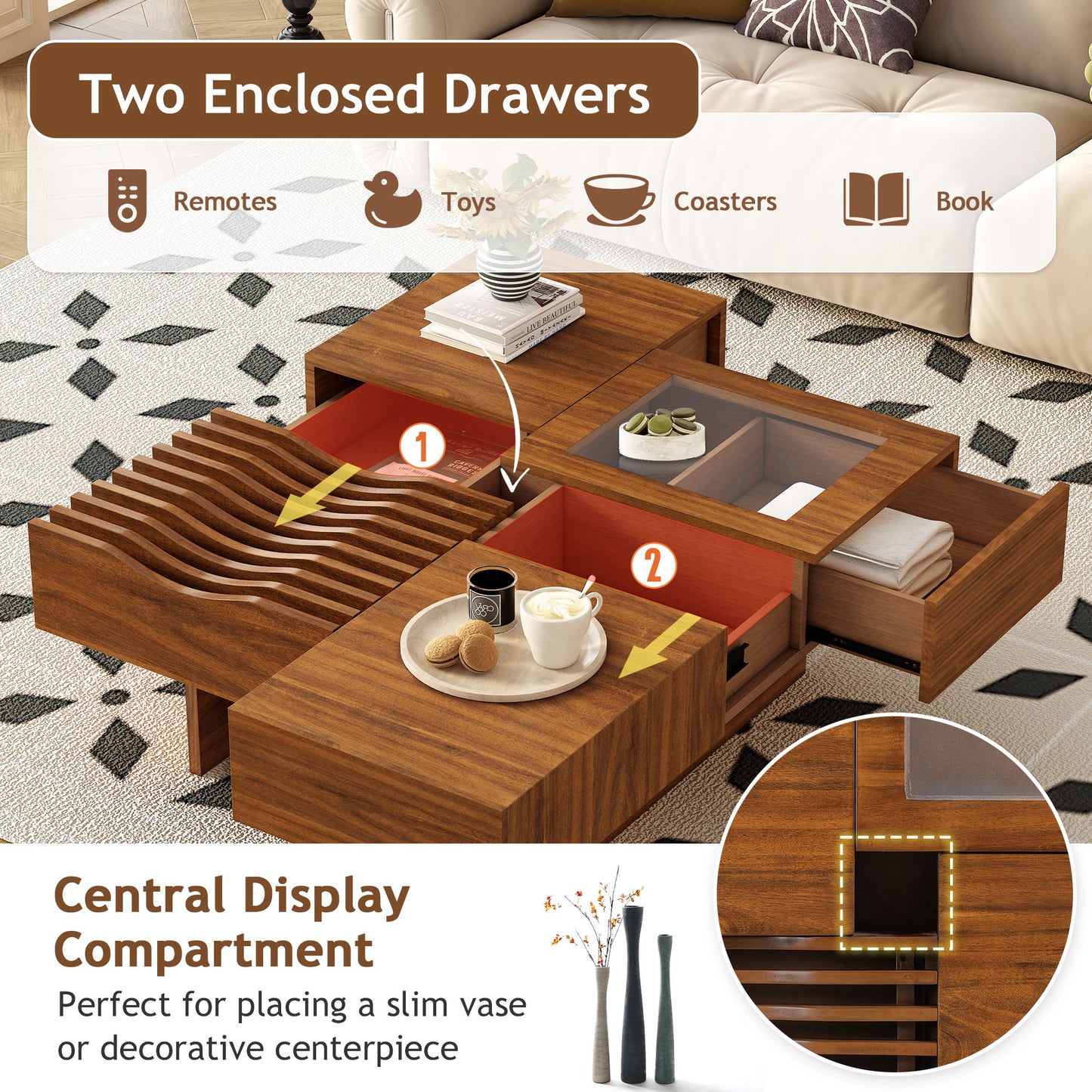 Mid Century Modern Coffee Table, Unique Square Wooden Coffee Table With 3 Drawers, Tempered Glass And Solid Wood Legs For Living Room - Brown