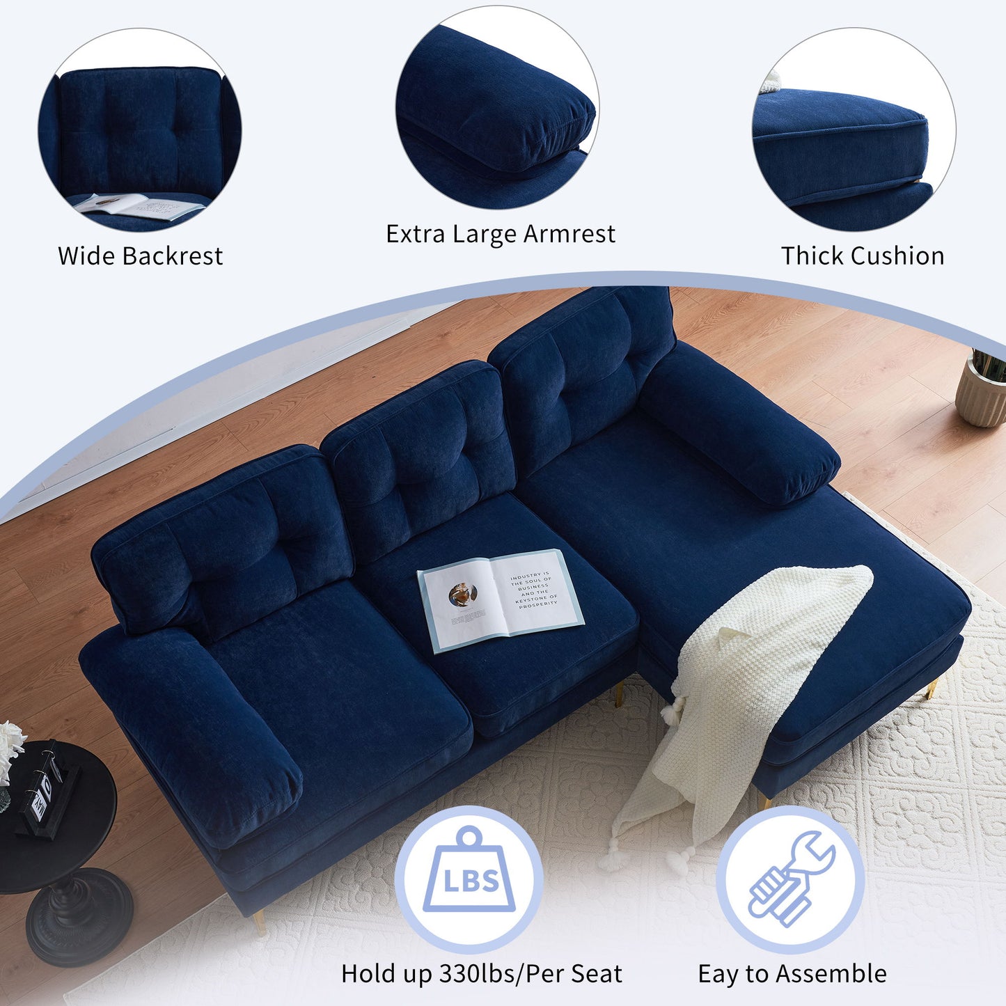Modern L Shaped Sectional Sofa For Living Room And Bedroom - Blue