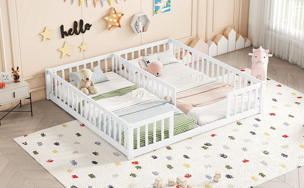 Double Twin Floor Bed With Fence, Guardrails, Without Door - White