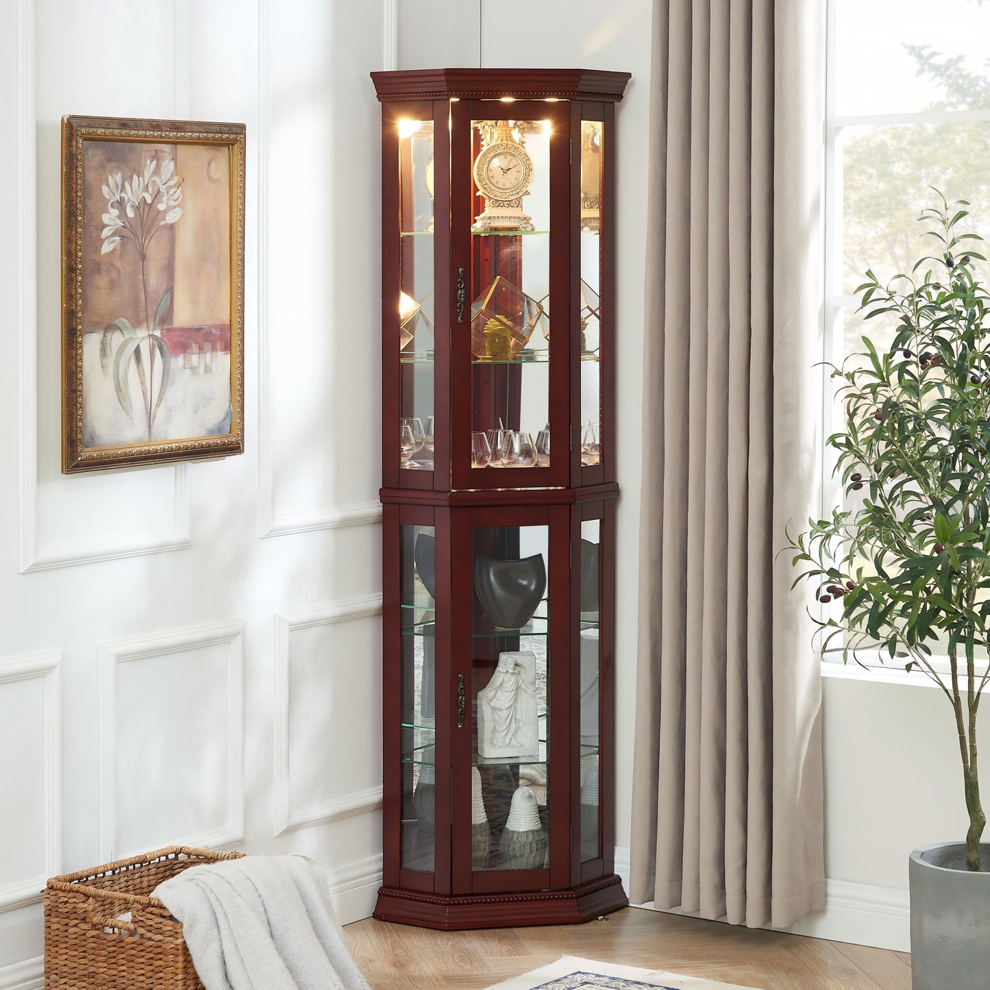 Corner Curio Cabinet With Lights, Adjustable Tempered Glass Shelves, Mirrored Back, Display Cabinet (E26 Light Bulb Not Included) - Cherry