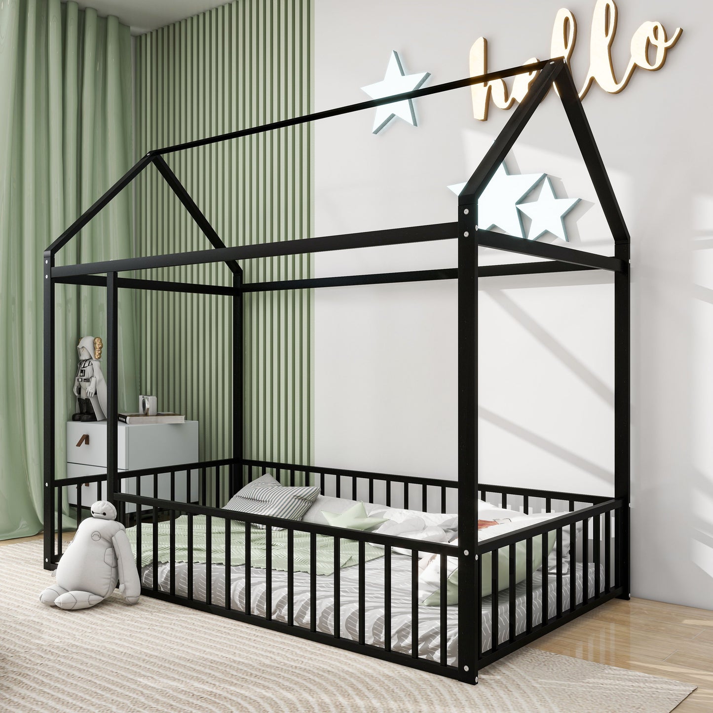 Twin Size Bed House Bed Frame With Fence - Black