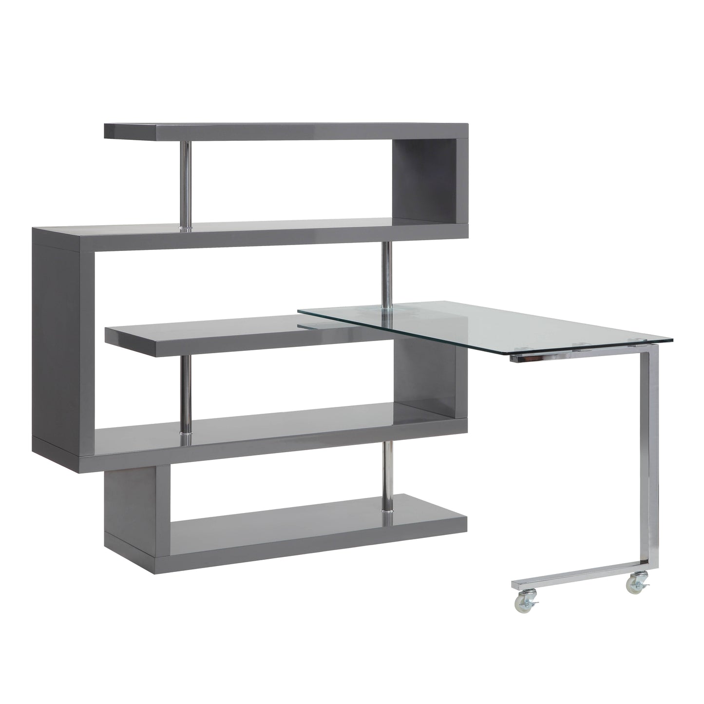 Buck II - Clear Glass, Chrome High Gloss Writing Desk With Shelf - Gray
