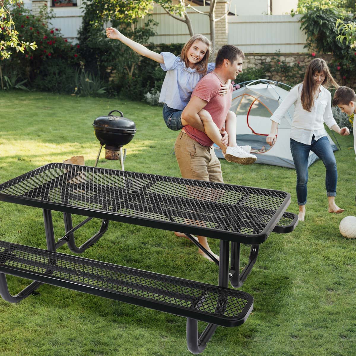 Outdoor Steel Picnic Rectangular Table With Umbrella Pole - Black