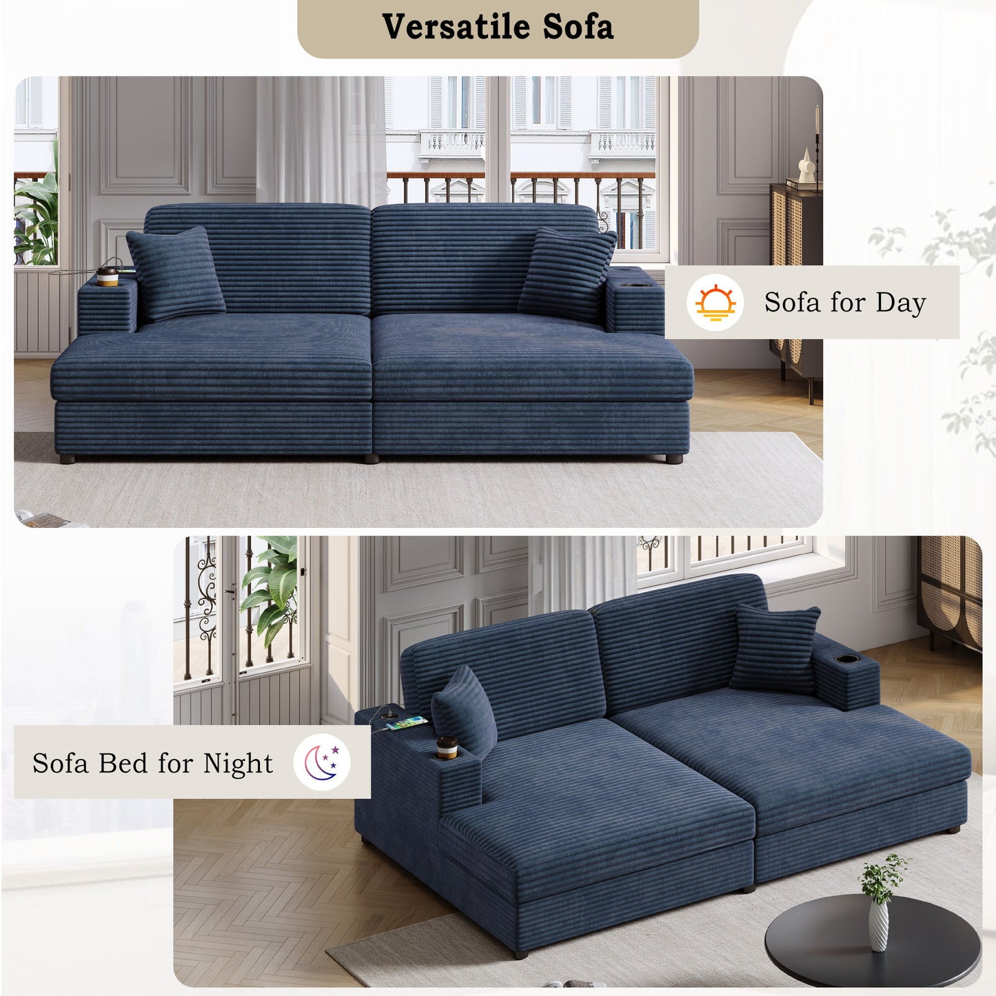 Oversized Loveseat Chaise Lounge Sectional Sofa Bed Corduroy Sleeper Sofa With 2 USB Ports, 2 Cup Holders And 2 Throw Pillows For Living Room And Bedroom - Blue