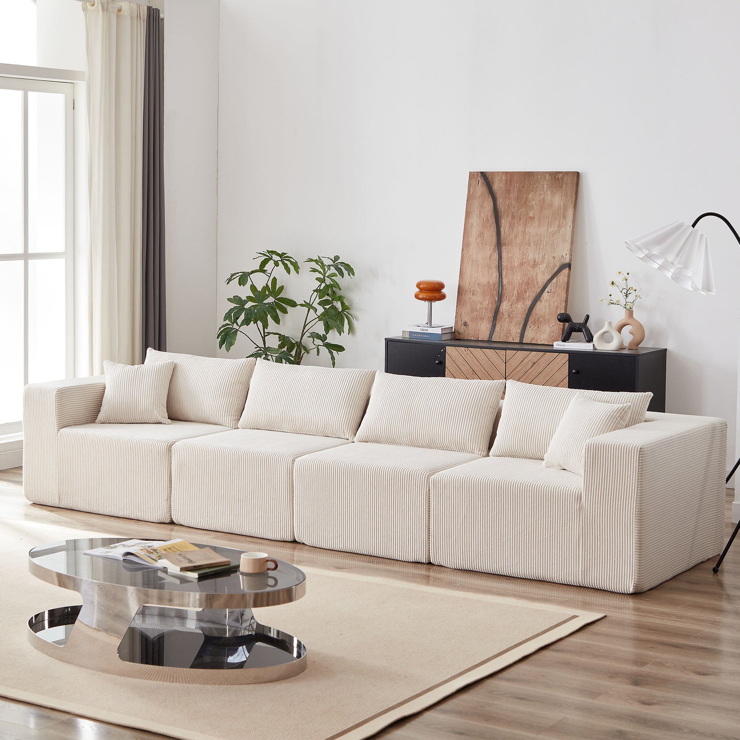 Corduroy Modular L Shaped Sectional Sofa, Luxury Floor Couch Set, 4 Piece Free Combination - Beige