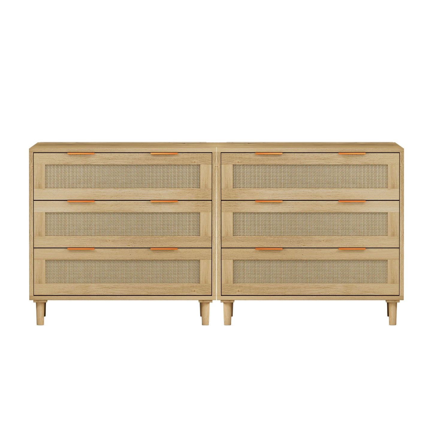 3 Drawers Rattan Storage Cabinet Rattan Drawer, For Bedroom, Living Room, Dining Room, Hallways (Set of 2) - Oak