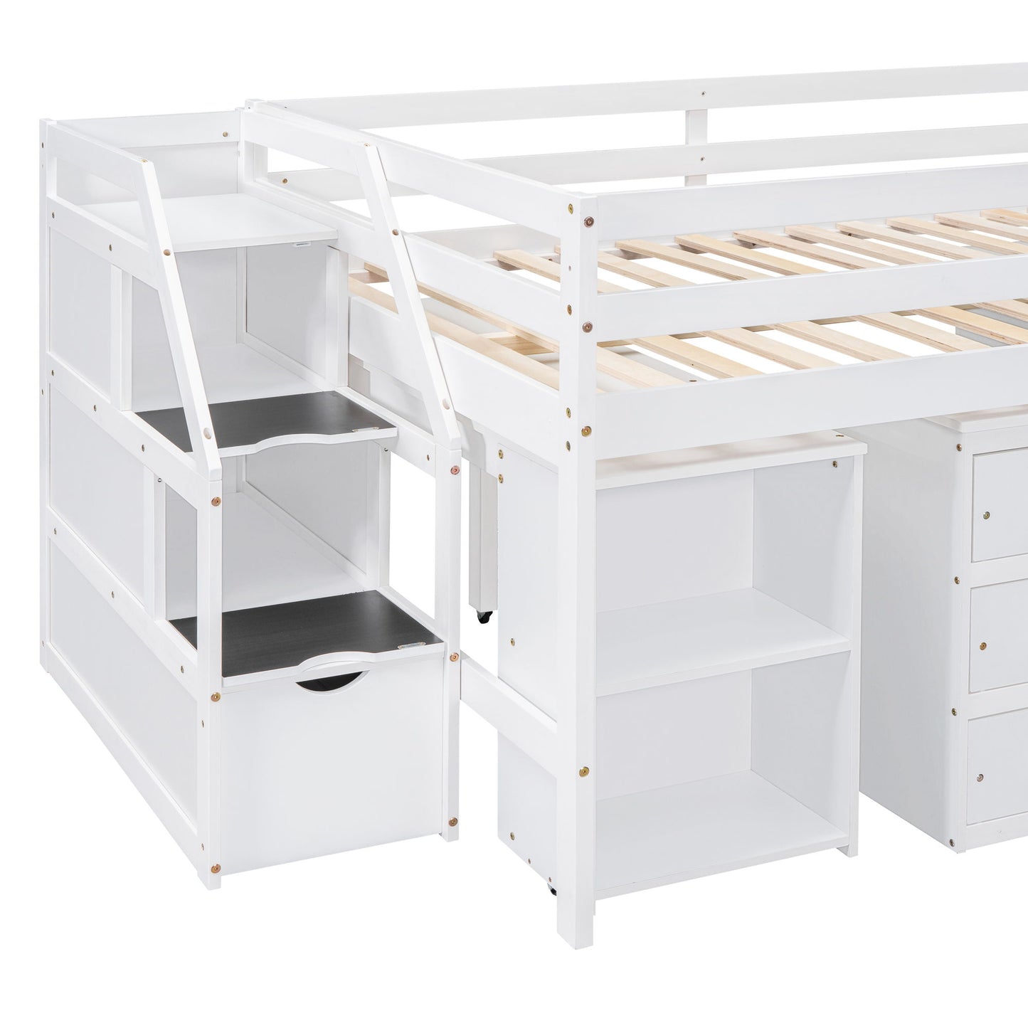 Full Size Loft Bed With Retractable Writing Desk And 3 Drawers With Storage Stairs And Shelves - White