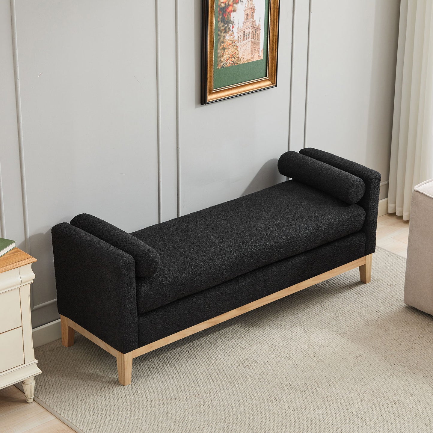 Elegant Upholstered Bench Daybed Ottoman With Nature Wood Legs & Bolster Pillows - Black Boucle