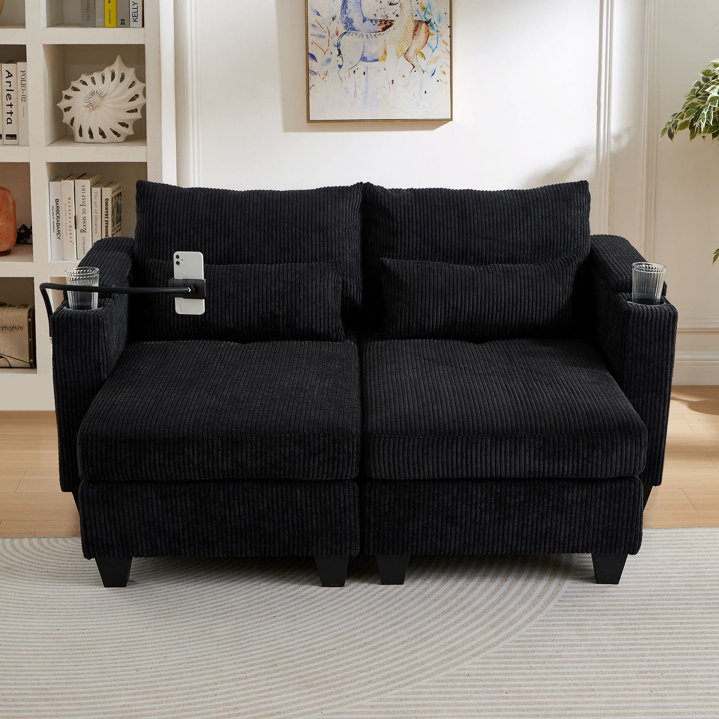 Convertible Chaise Lounge Loveseat Sofa Bed With USB Ports, Cup Holders, Phone Holder & Storage - Black