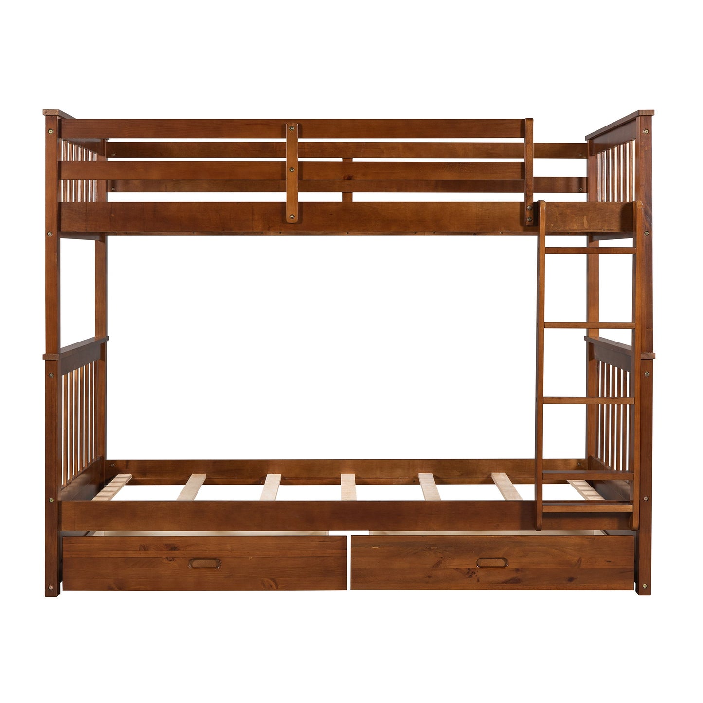 Twin Over Twin Bunk Bed With Ladders And 2 Storage Drawers - Walnut