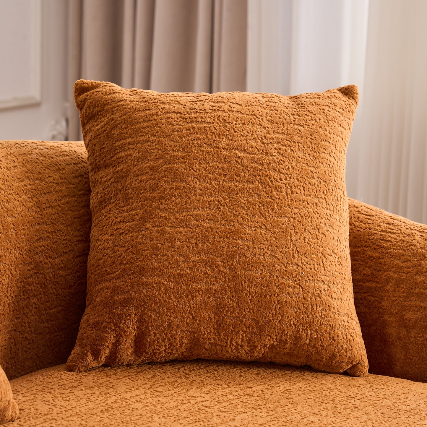 Compression Sofa: Combining Chaise Longue With 3 Seater, Wood Grain Chenille Fabric, Full Sponge Compression Sofa, Combined Sofa With 4 Pillows For Living / Home Furniture / Apartment - Orange