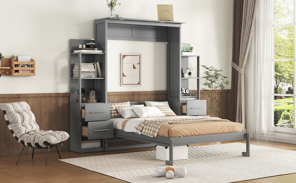 Full Size Murphy Wall Bed With Shelves, Drawers And LED Lights - Gray