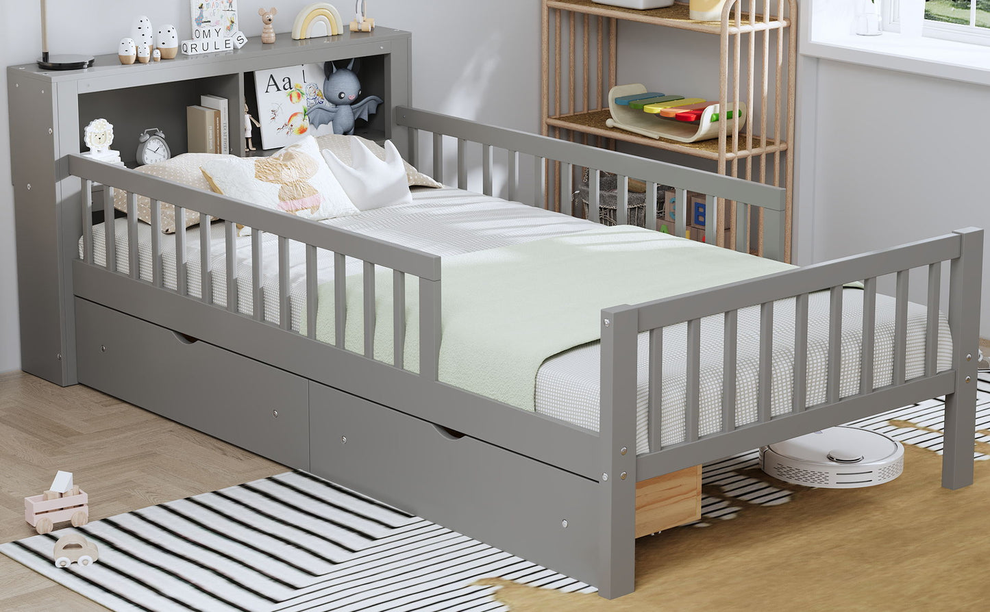 Twin Size Bed With Headboard Storage Rack, 2 Under Bed Drawers, 3 - Side Guardrails For Safety And Security - Gray