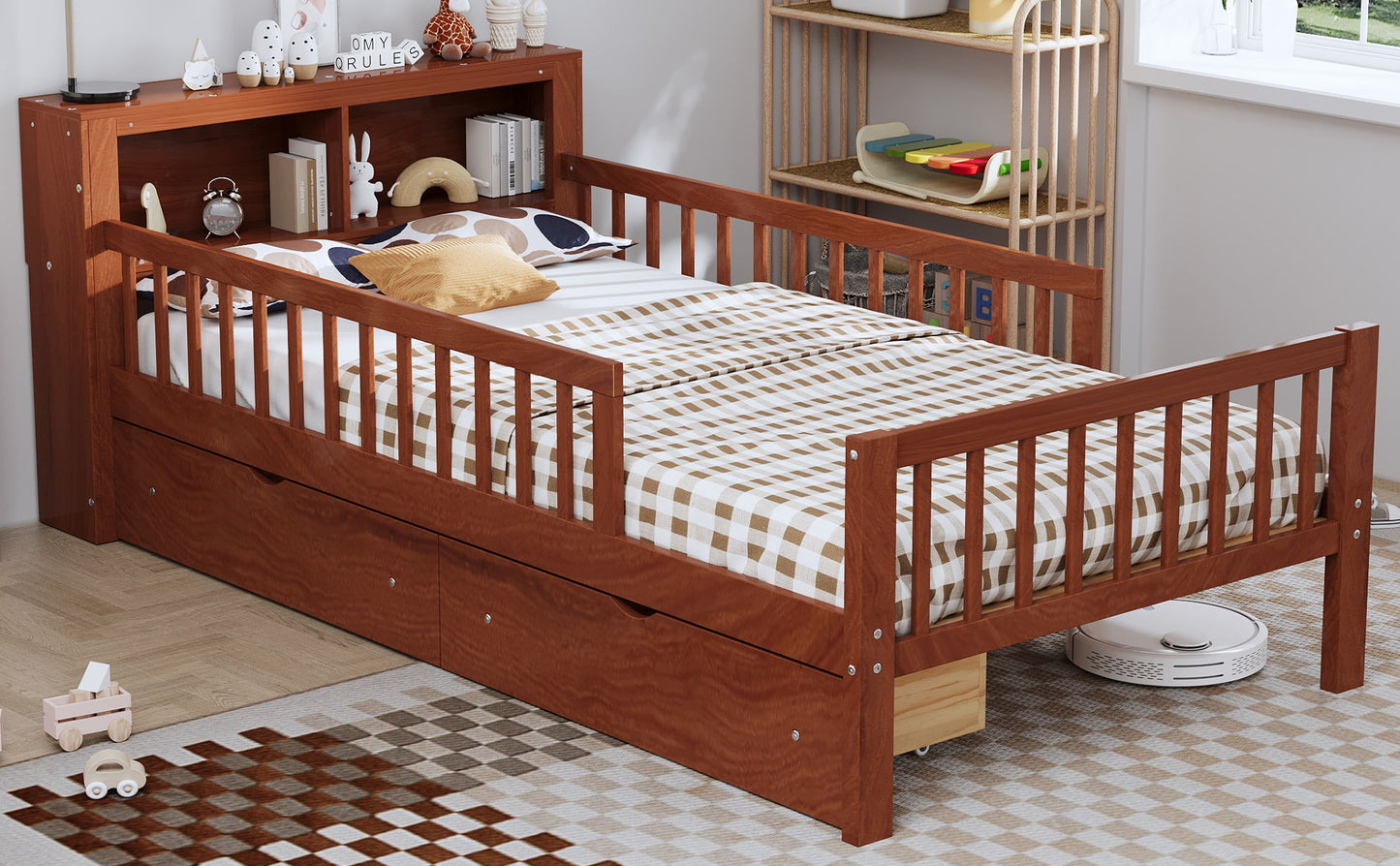 Twin Size Bed With Headboard Storage Rack, 2 Under Bed Drawers, 3 - Side Guardrails For Safety And Security - Walnut