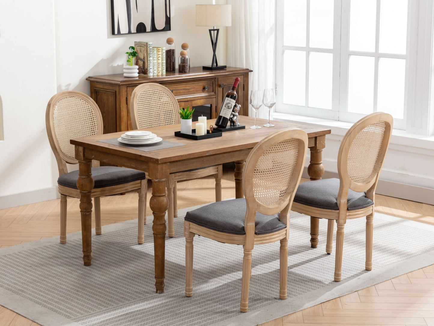 French Style Solid Wood Frame Antique Painting Linen Fabric Rattan Back Dining Chair (Set of 2) - Gray