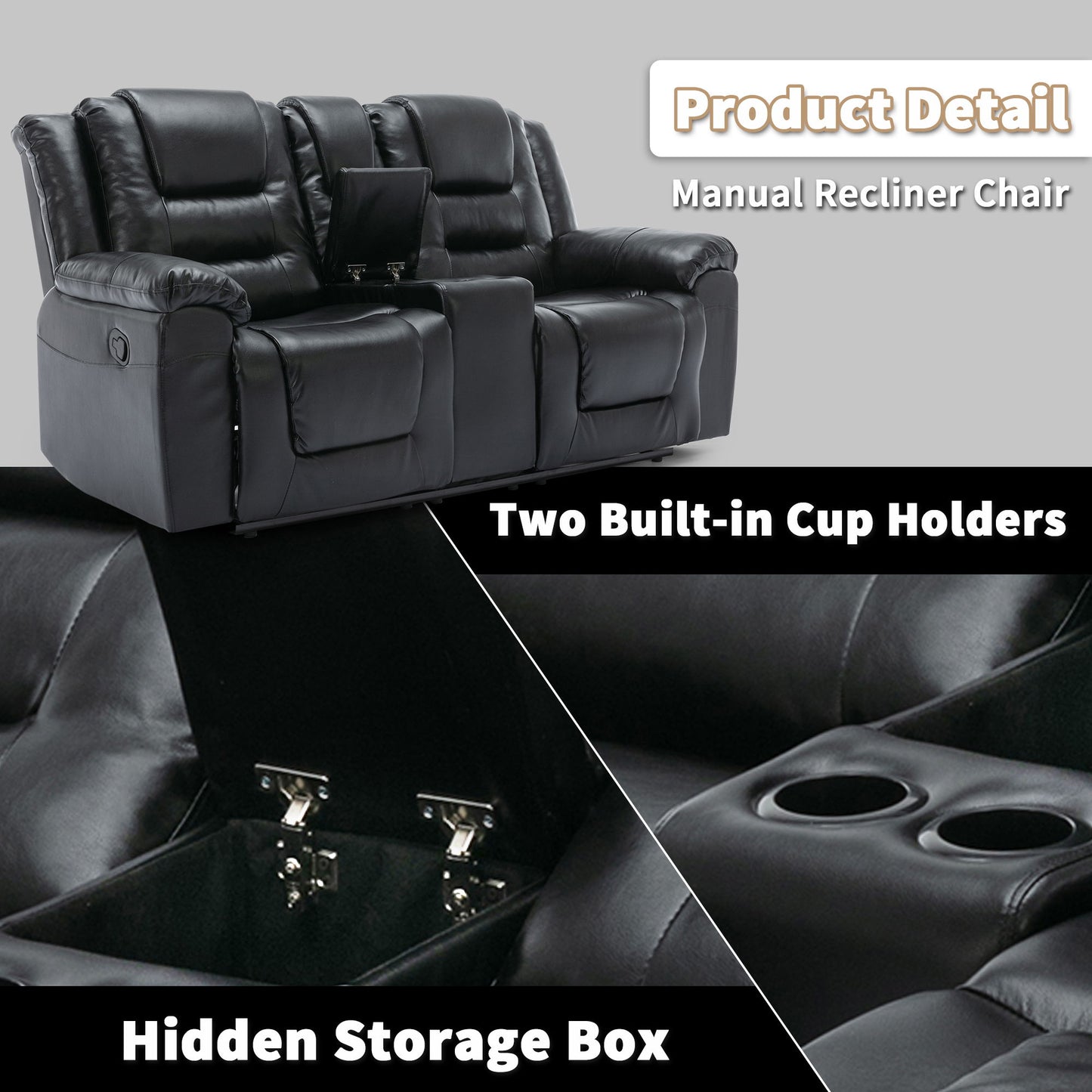 2 Seater Home Theater Recliner Manual Recliner Chair With A Storage Box And Two Cup Holders For Living Room - Black