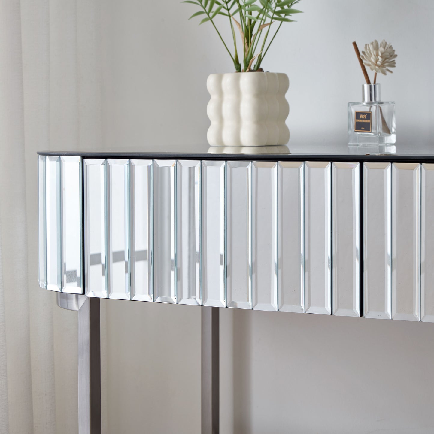 Mirrored Makeup Vanity Table With Stainless Steel Base, Mirrored Console Dressing Table With 2 Drawers, Versatile Desk For Bedroom And Office - Silver