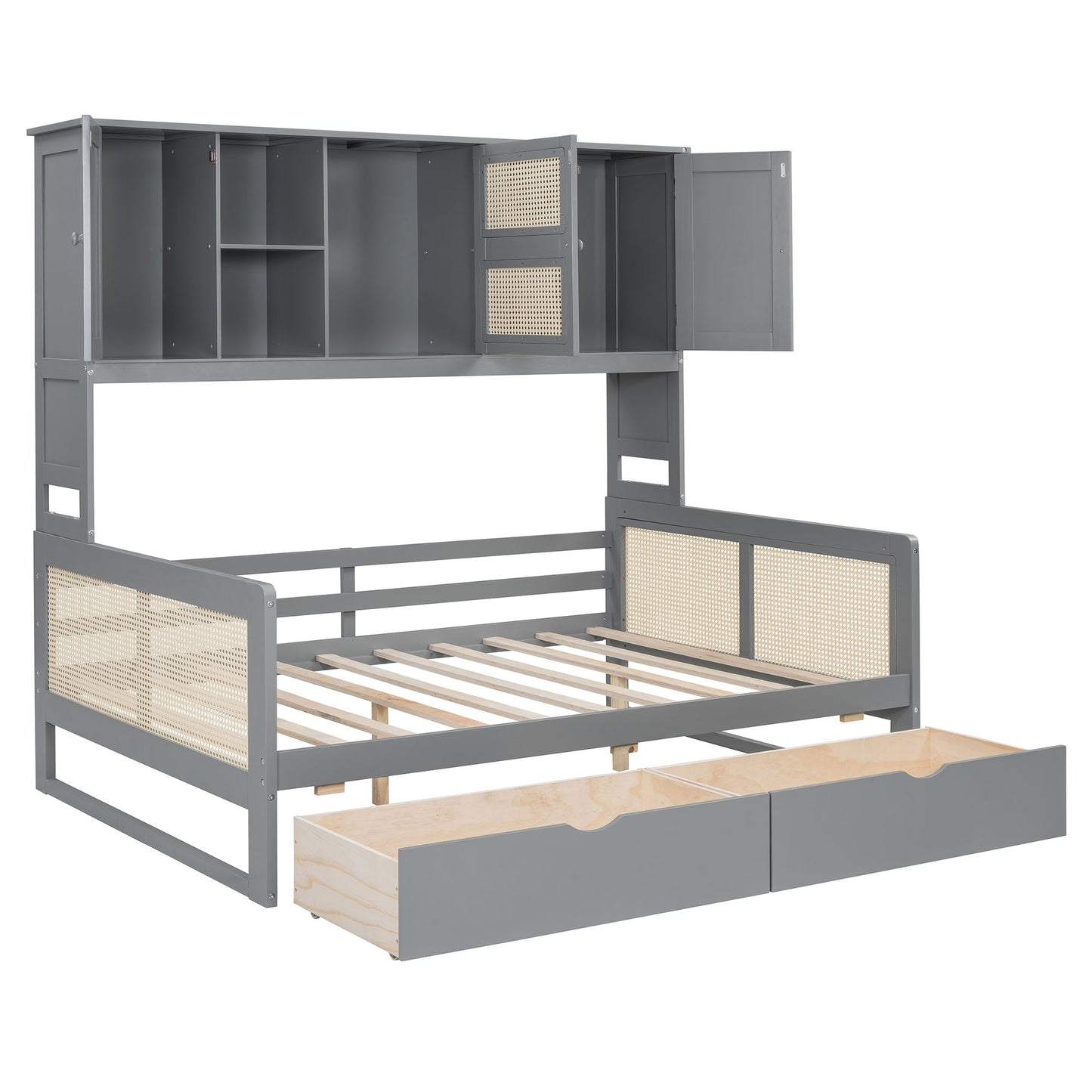 Full Size Wooden Daybed With 2 Drawers, And All In One Cabinet And Shelf - Gray