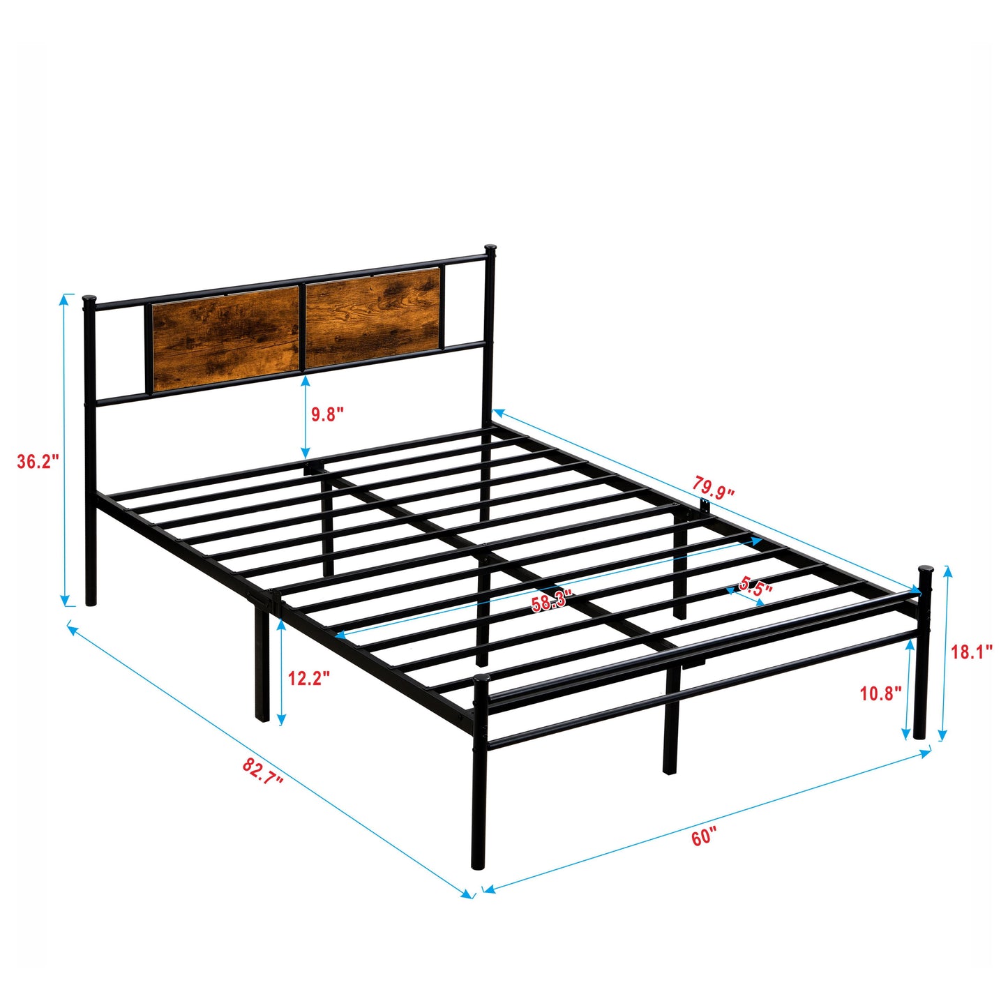 Queen Size Modern Metal Bedframe With Headboard, Durable Steel Structure - Black / Brown