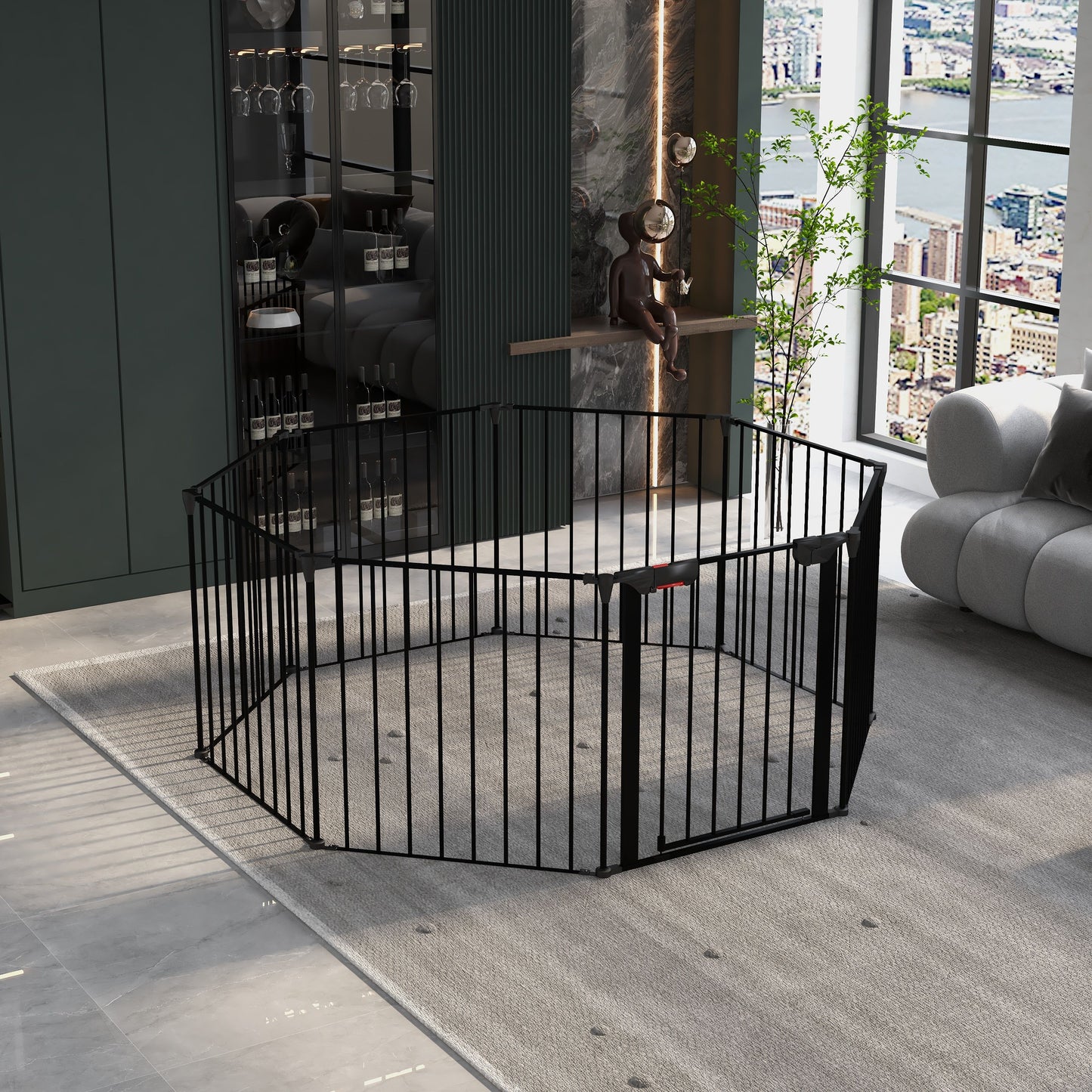 Adjustable Safety Gate 8 Panels Play Yard Metal Doorways Fireplace Fence Christmas Tree Fence Gate For House Stairs Gate Prohibited Area Fence - Black