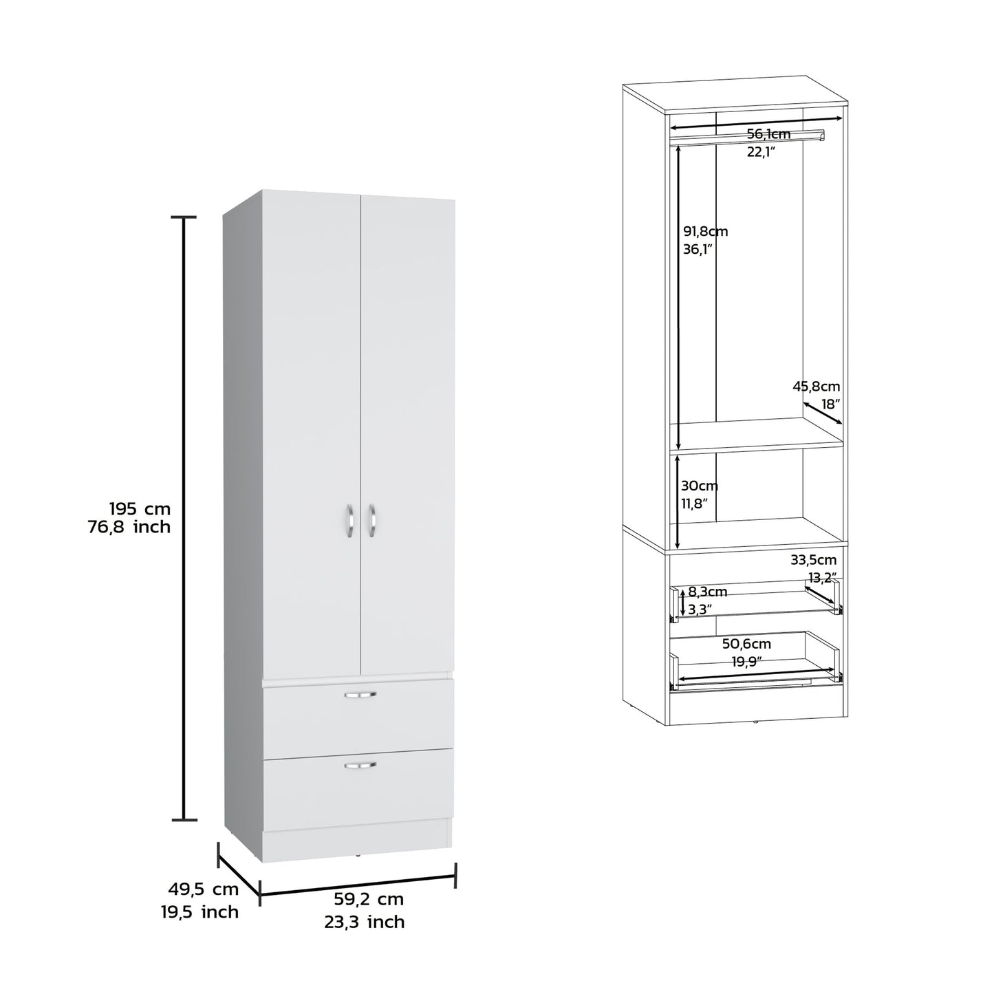 Armoire Wardrove, Hanging Rod, 2 Drawers, 1 Shelf - White