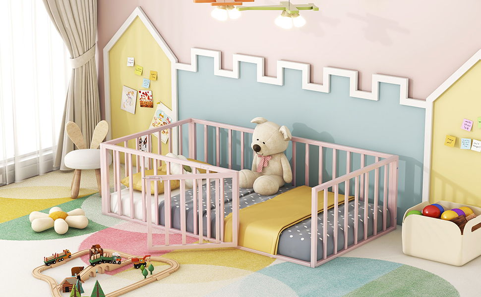 Twin Size Floor Bed Frame With Fence And Door - Pink