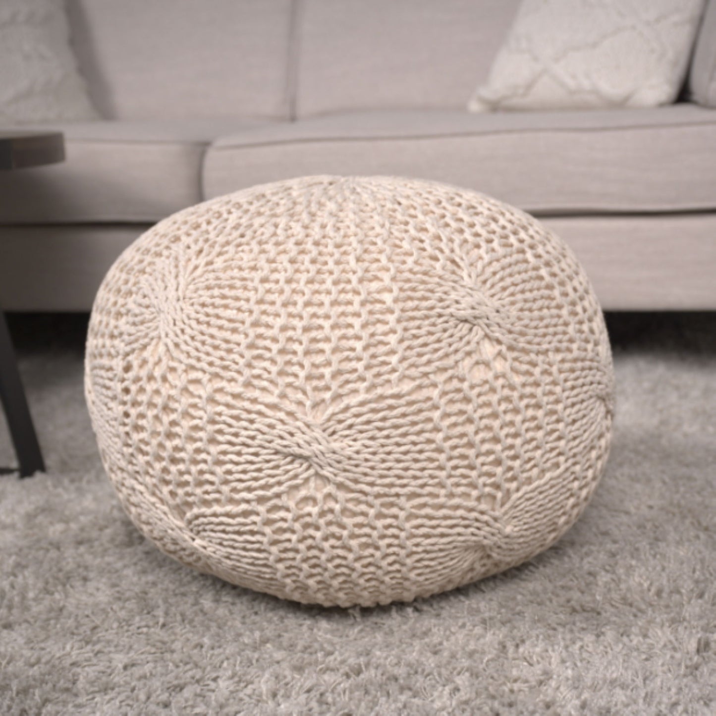 Bordeaux - Knitted Cotton Round Pouf Ottoman Floor Cushion - Beige
