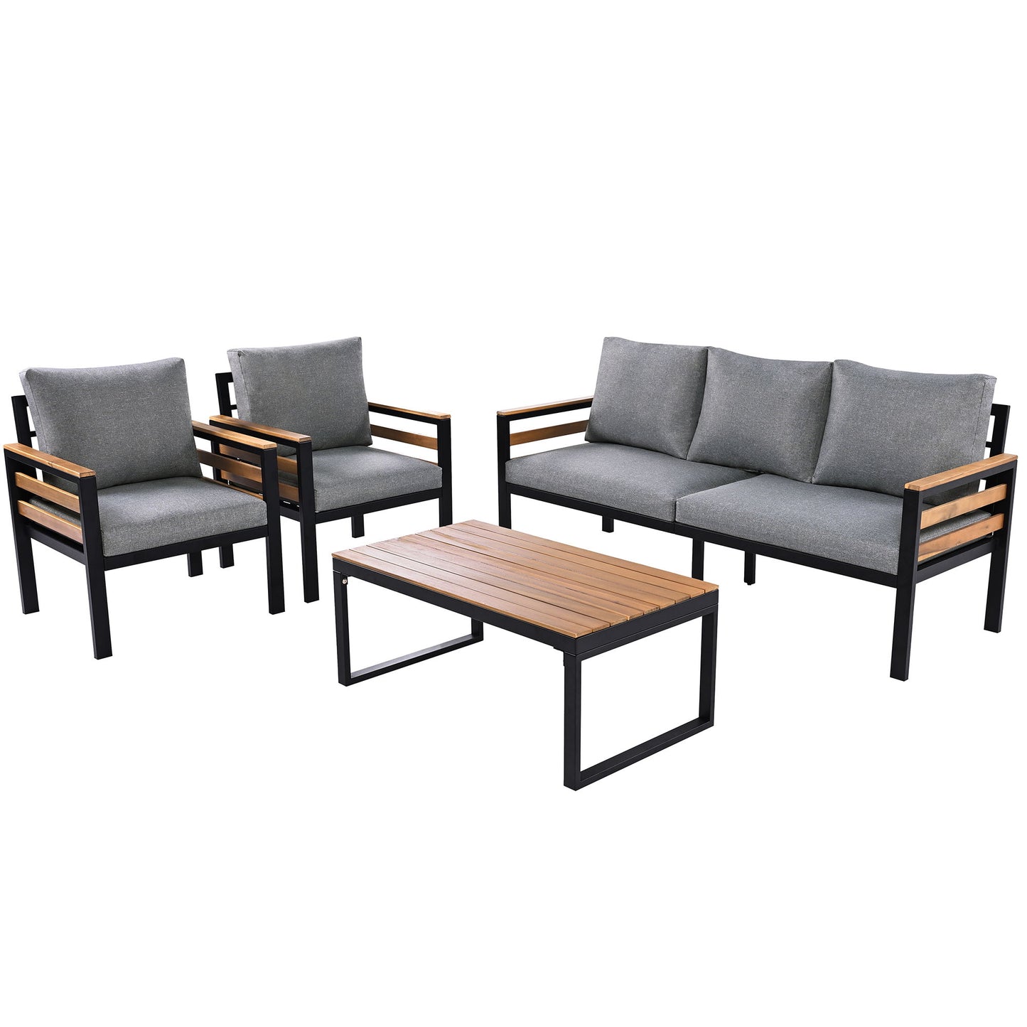 4 Piece Outdoor Furniture Sofa Set For 5 People With Acacia Wood Armrests, Patio Conversation Set With Removable Cushion And Solid Wood Coffee Table For Garden And Backyard - Gray
