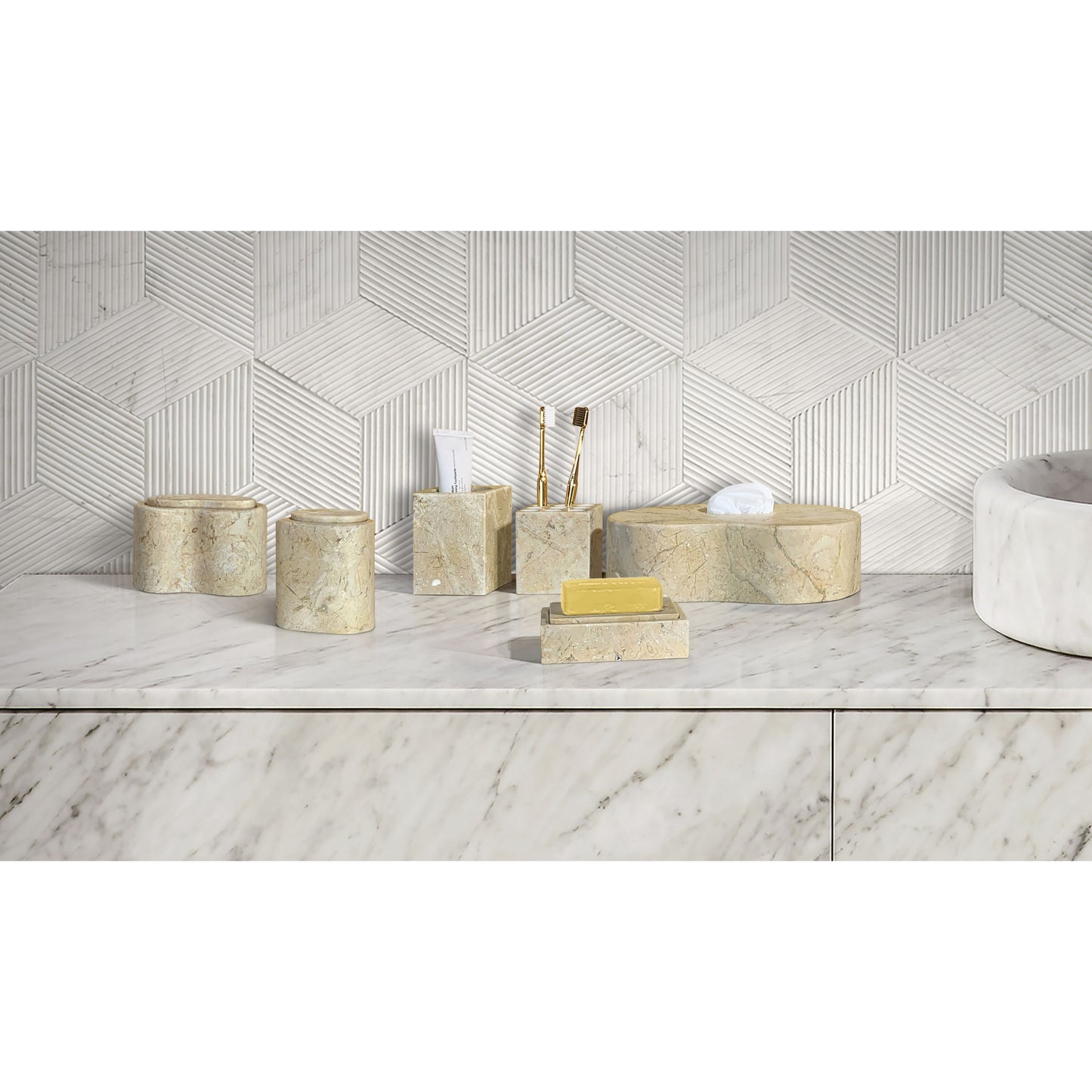 Marble Bathroom Accessories Set, Natural Stone - Beige / Gold / Beige / Yellow