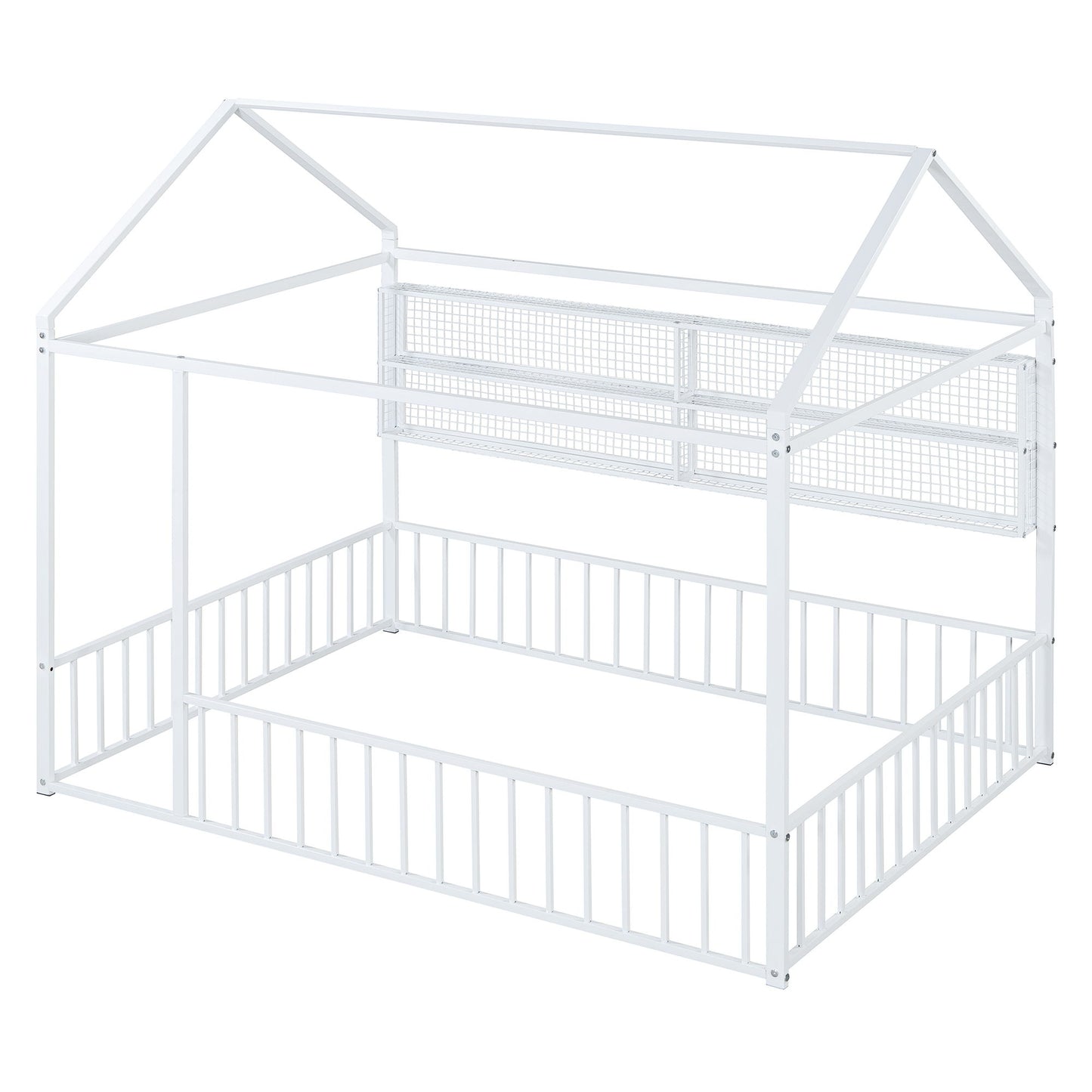 Full Size Bed House Frame With Fence And Shelves - White