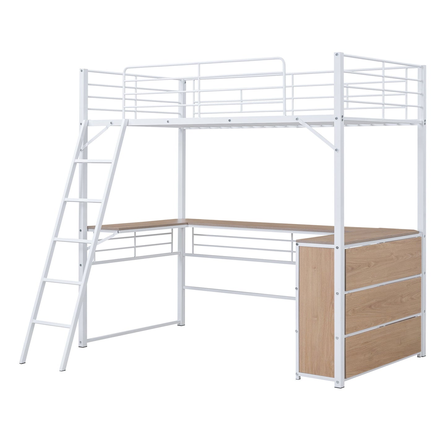 Twin Size Loft Bed With 3 Layers Of Shelves And L-Shaped Desk - White