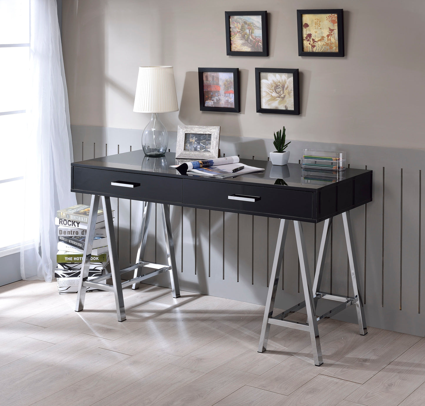 Coleen - High Gloss Writing Desk With USB - Black / Chrome