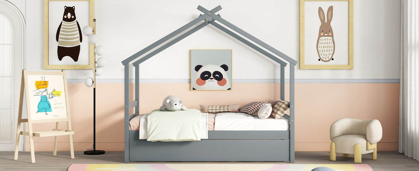 Twin Size House-Shaped Bed With Trundle - Gray
