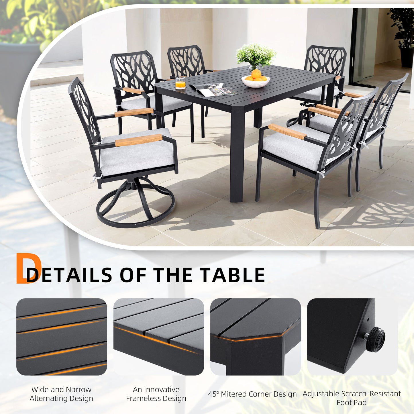 7 Pieces Outdoor Patio Furniture Set, 4 Dining Chairs & 2 Swivel Rockers Sunbrella Fabric, Rectangular Table With Umbrella Hole - Bourbon Brown