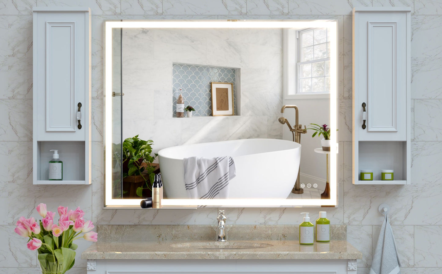LED Bathroom Vanity Mirror, Wall Mounted Adjustable White / Warm / Natural Lights Anti-Fog Touch Switch With Memory Modern Smart Large Bathroom Mirrors - Silver