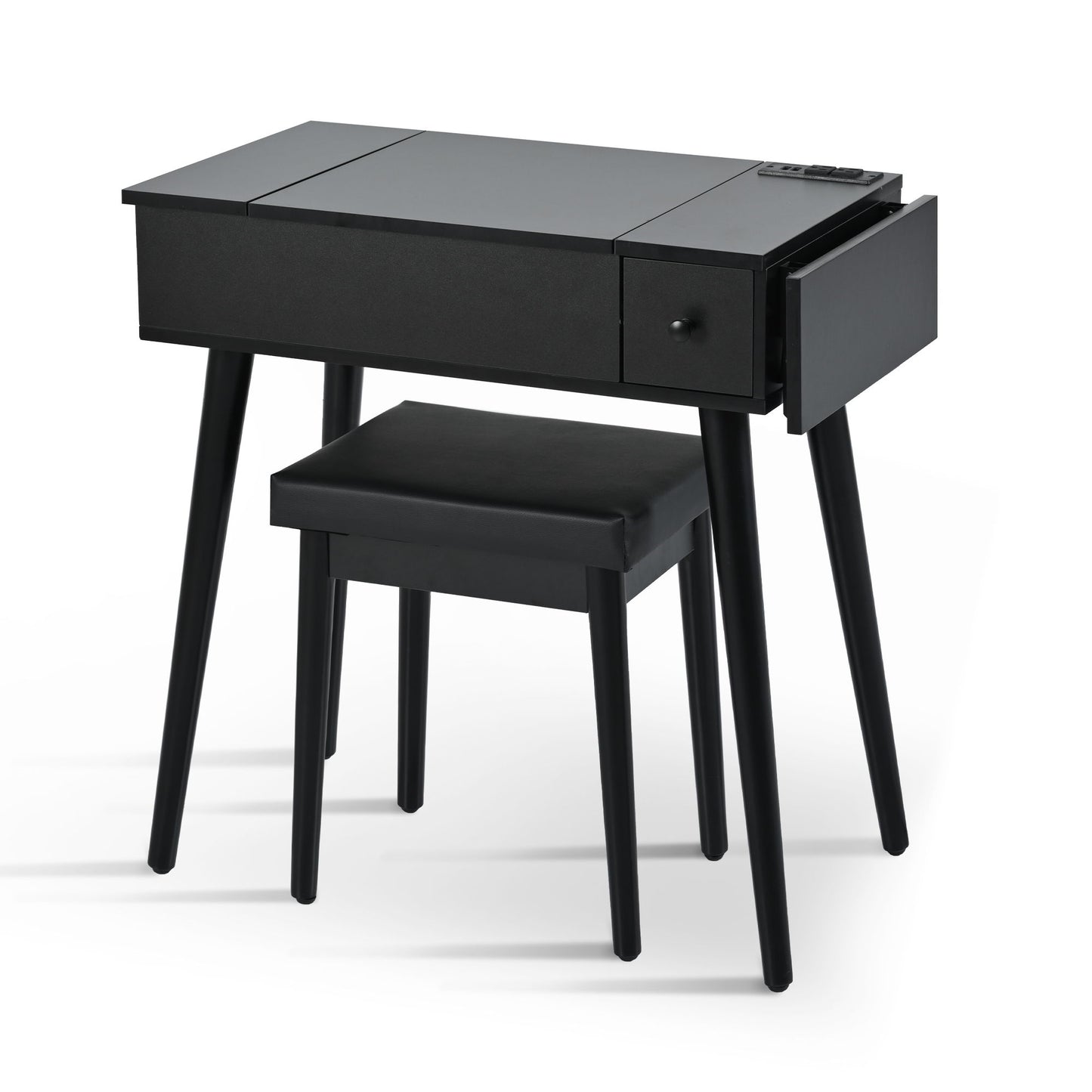 Makeup Vanity Desk With Flip Top Mirror And LED Light, Dressing Table With Charging Station, 2 Drawers And Fold Up Panel, Vanity Set With Cushioned Stool For Bedroom - Black