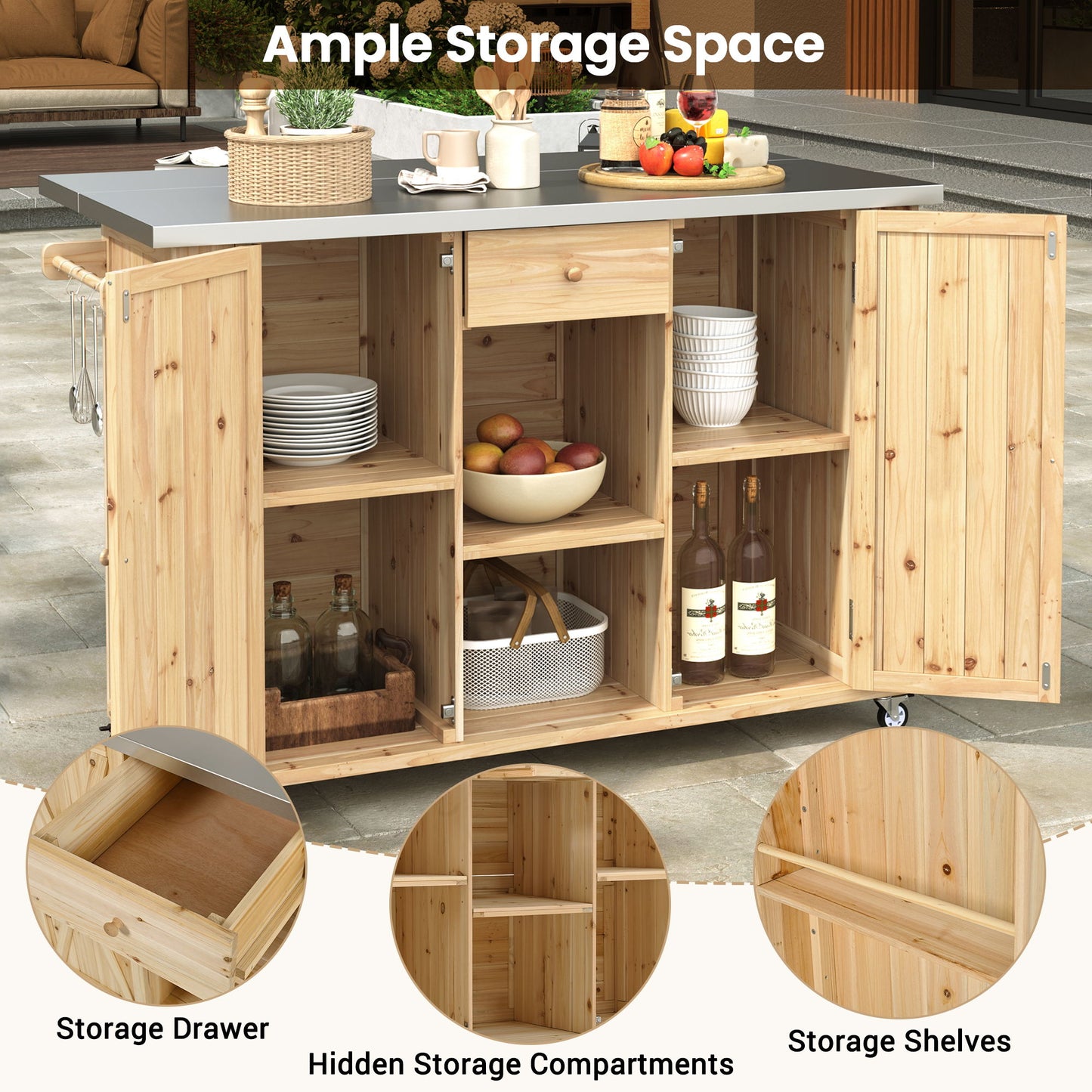 Outdoor Kitchen Island Fir Wood Kitchen Island With Stainless Steel Top, Ample Storage Space, Towel And Spice Racks And A Bottle Opener For Outdoor - Natural