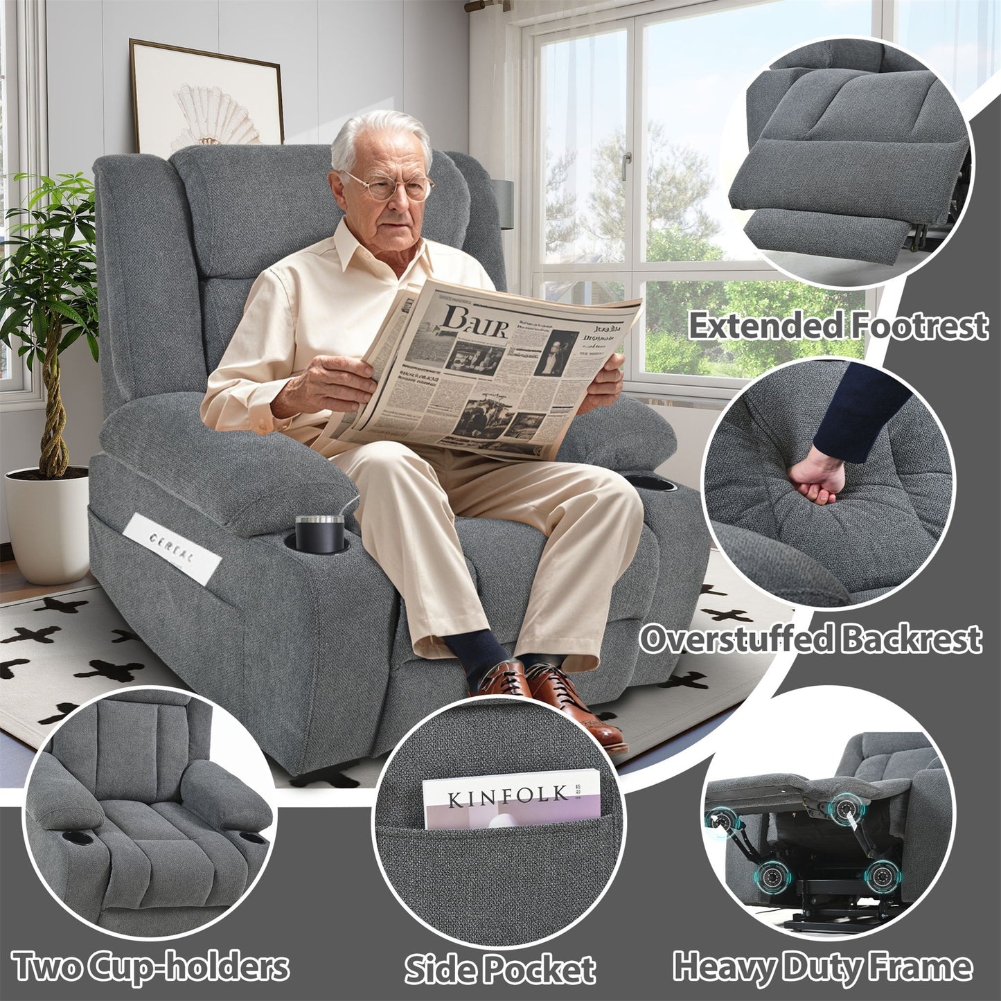 Power Lift Recliner Chair - Fabric Single Sofa With Extended Footrest, Remote Control, Cup Holders, And Side Pockets For Living Room Or Home Theater - Dark Gray