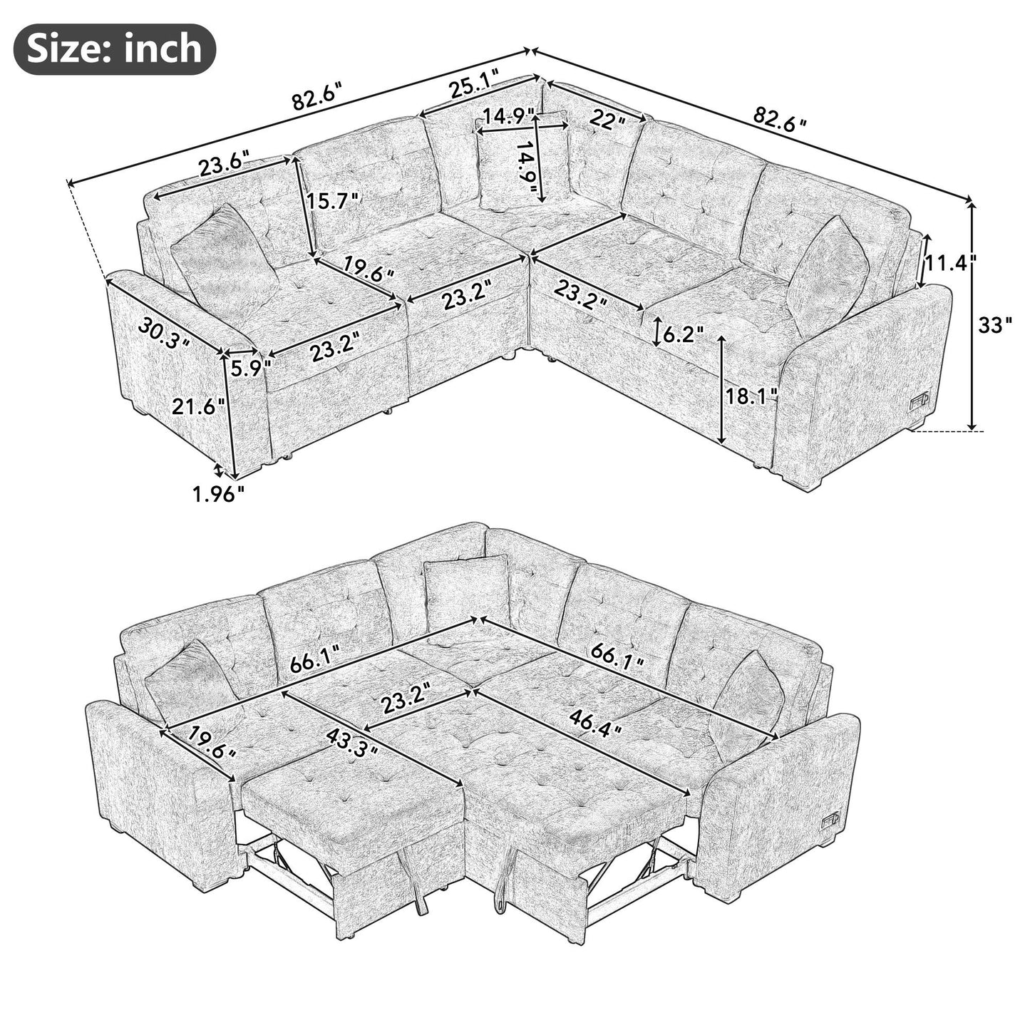 L-Shape Sofa Bed Pull-Out Sleeper Sofa With Wheels, USB Ports, Power Sockets For Living Room - Khaki