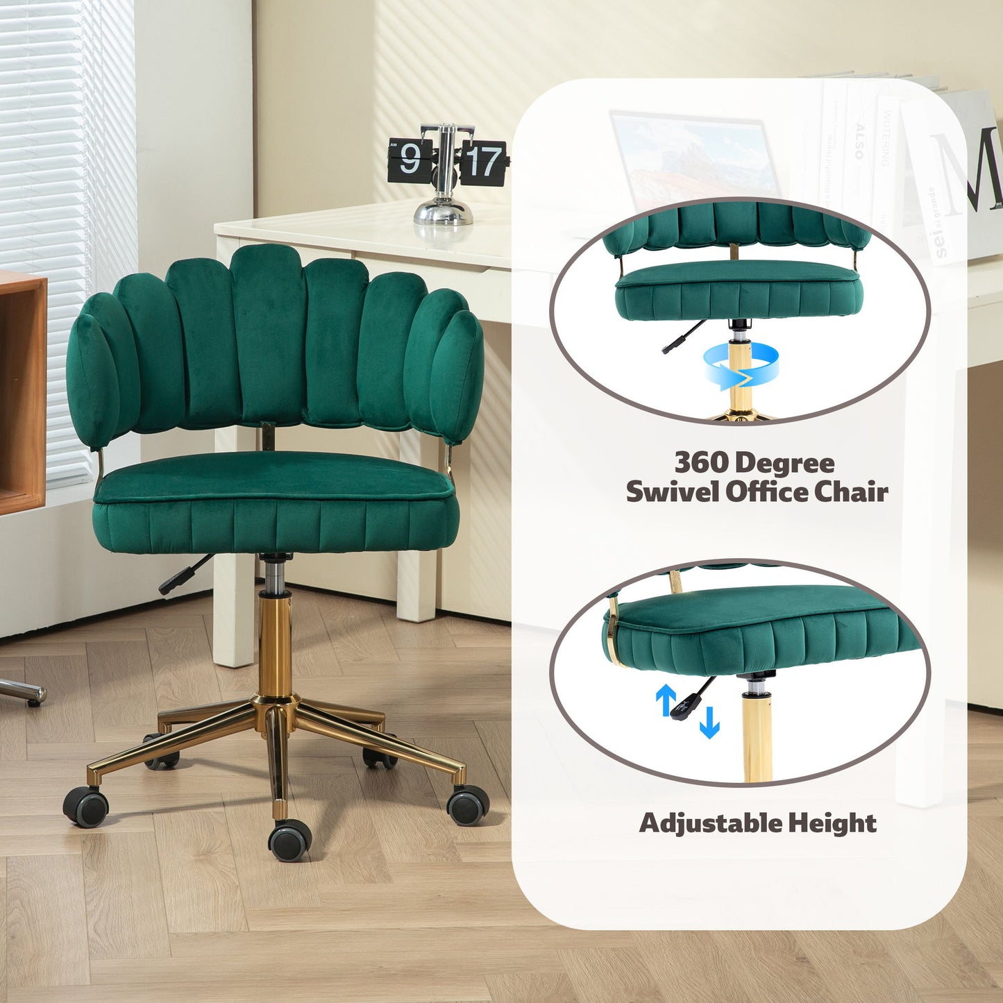 Velvet Home Office Desk Chair, Modern Cute Computer Chair, Wheels Swivel Height Adjustable Task Chair - Emerald