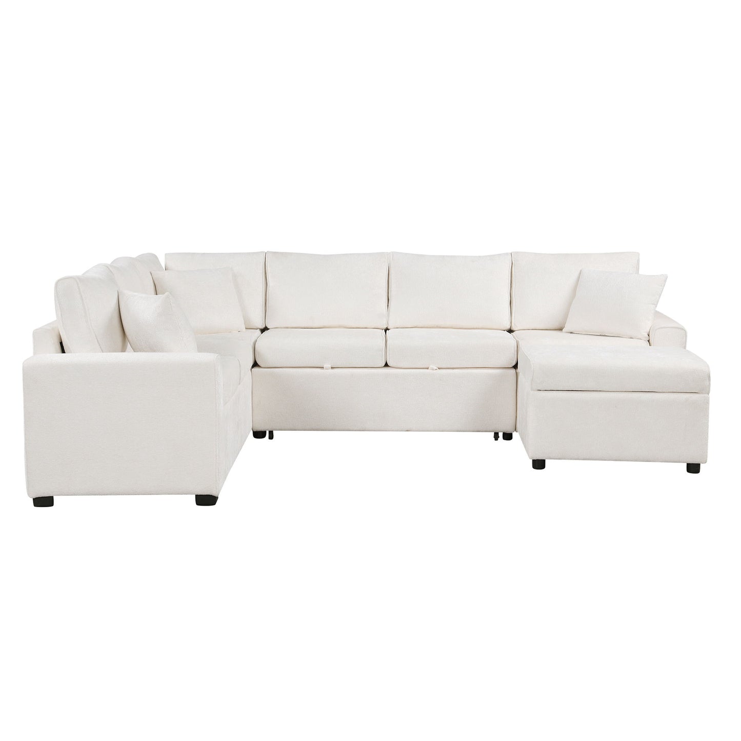 Sectional Sofa Pull-Out Sofa Bed Sleeper With A Storage Ottoman, Three Pillows And Charging Devices For Living Room - Cream