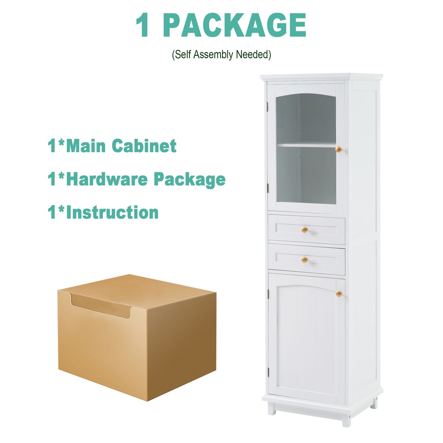 Tall Bathroom Storage Cabinet With Glass Doors, Free-Standing, Two Drawers, And Adjustable Shelves, MDF Board, Painted Perfect For Displaying Your Favorite Items - White