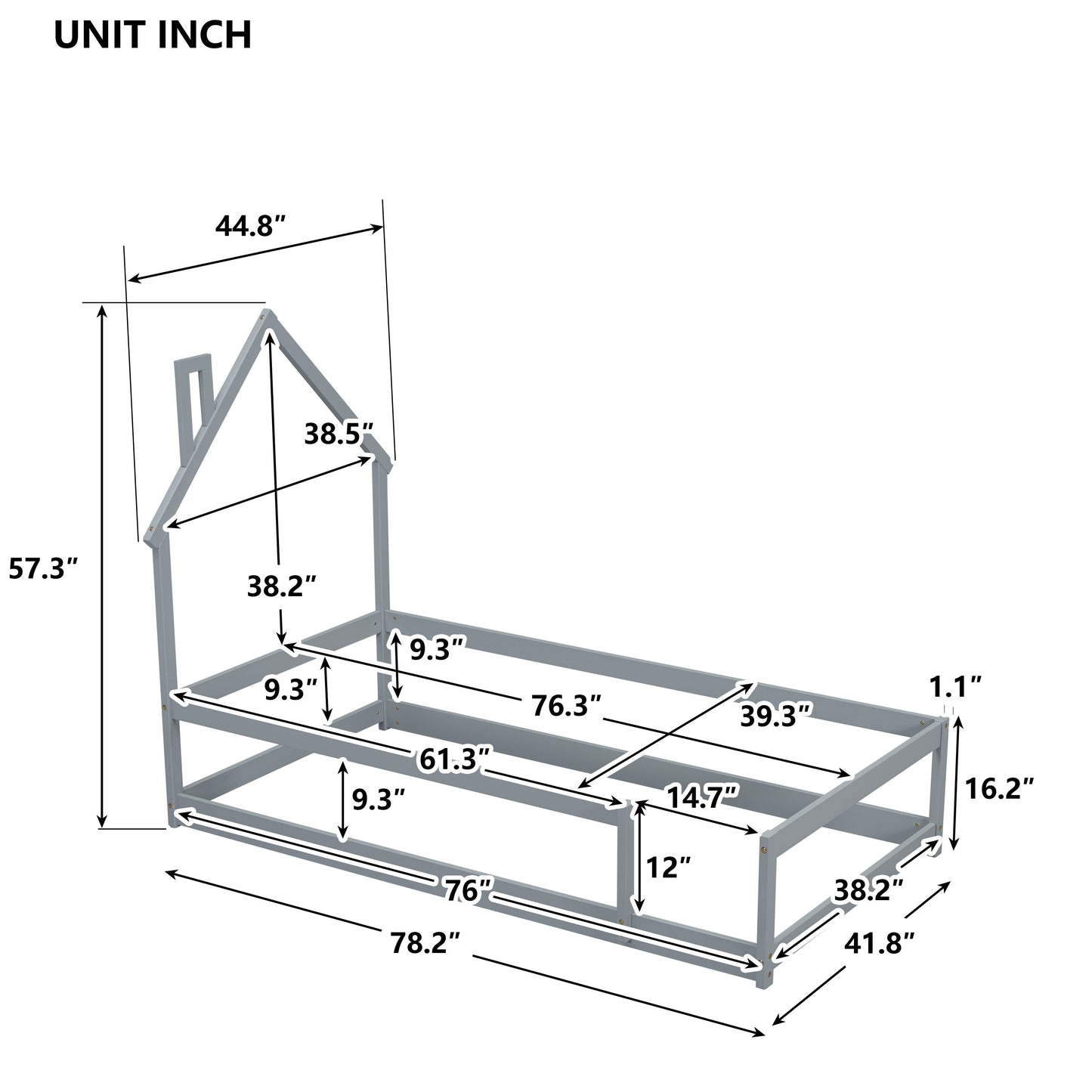 Twin Size Wood Bed With House-Shaped Headboard Floor Bed With Fences - Gray