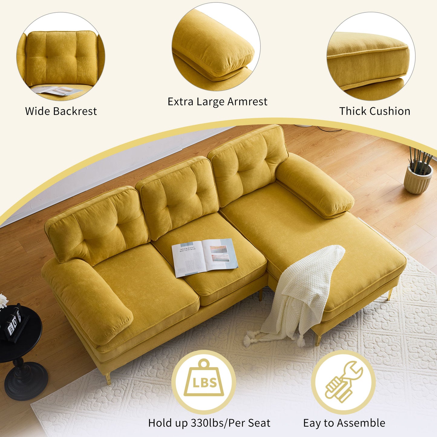 Modern L Shaped Sectional Sofa For Living Room Or Bedroom - Yellow