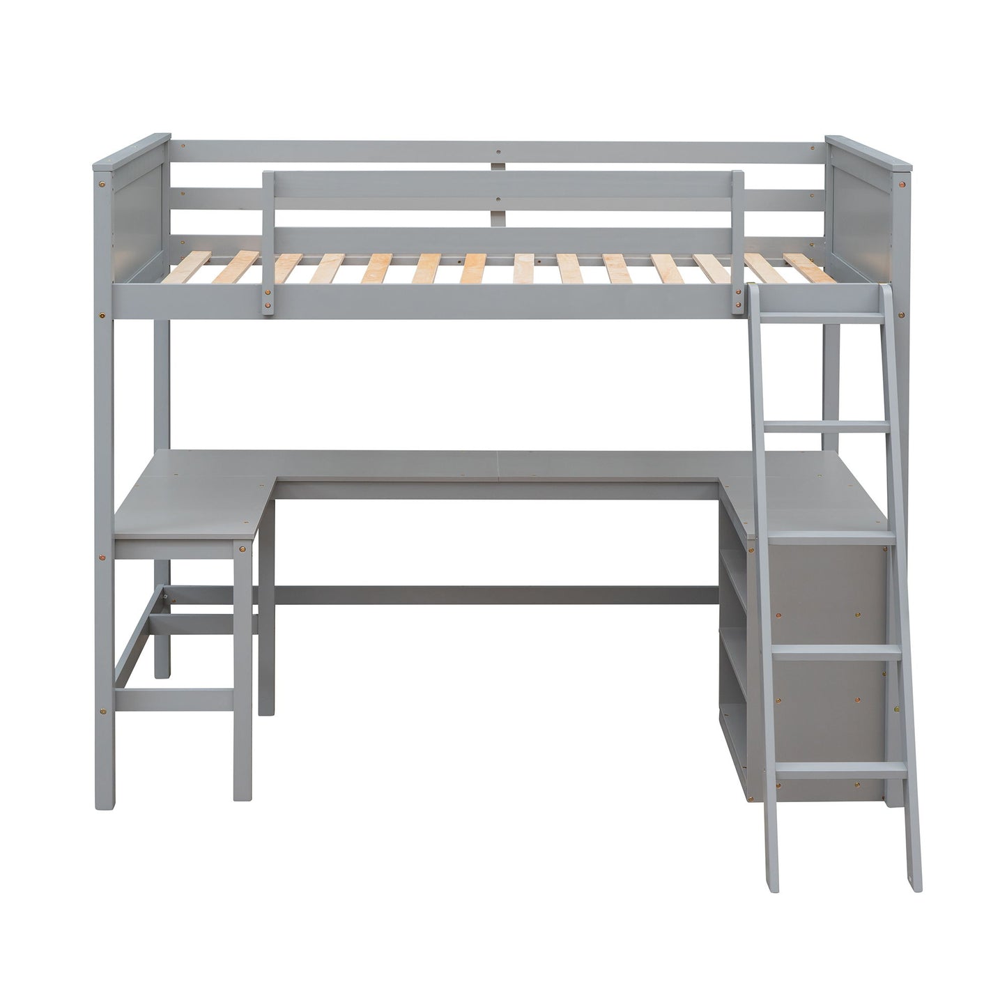 Twin Size Loft Bed With Shelves With Desk - Gray