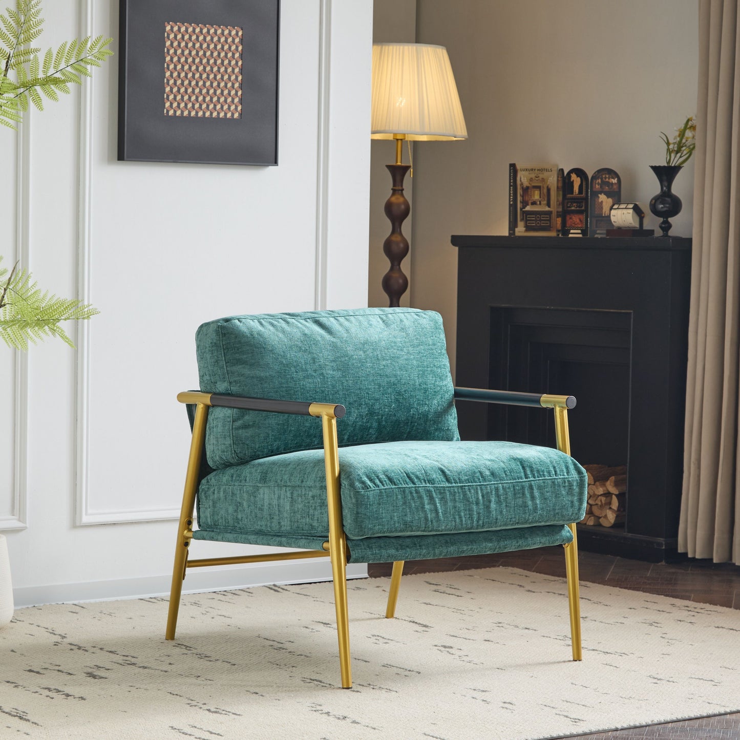 Modern Accent Chair With Plush Cushions, Metal Frame, Wooden Armrests Cozy Seating For Living Room, Bedroom, Office - Gold / Teal Blue